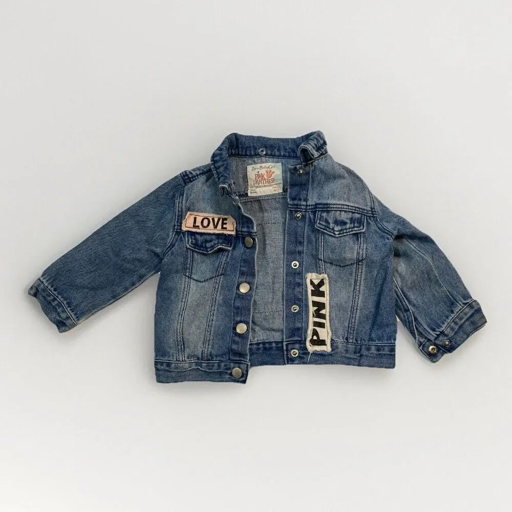 Zara Baby Girl x Pink Panther Terry Hood Love Denim Jacket 9-12m